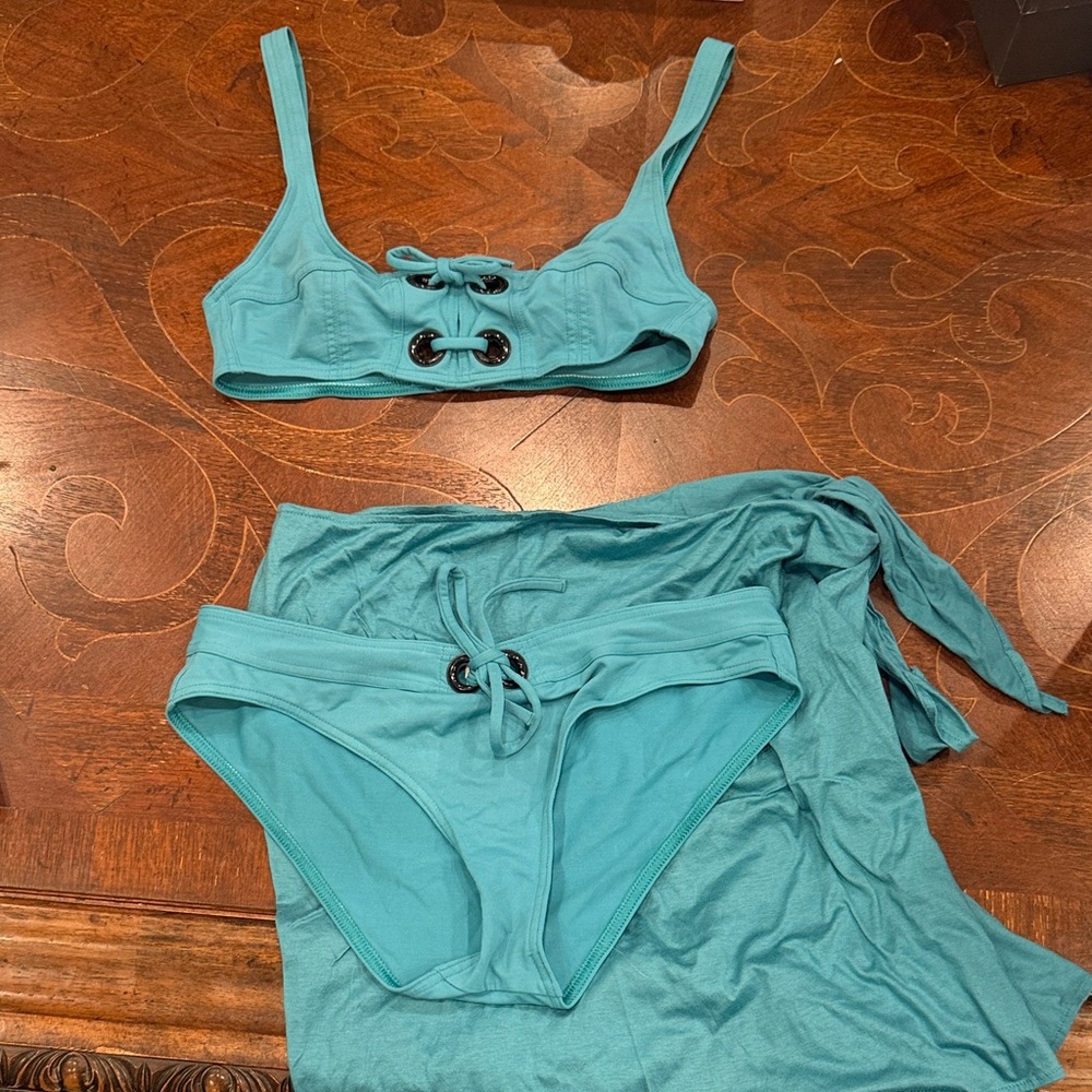 Eres Turquoise Lace-Up Bikini Set with Matching Sarong Cover-up skirt
